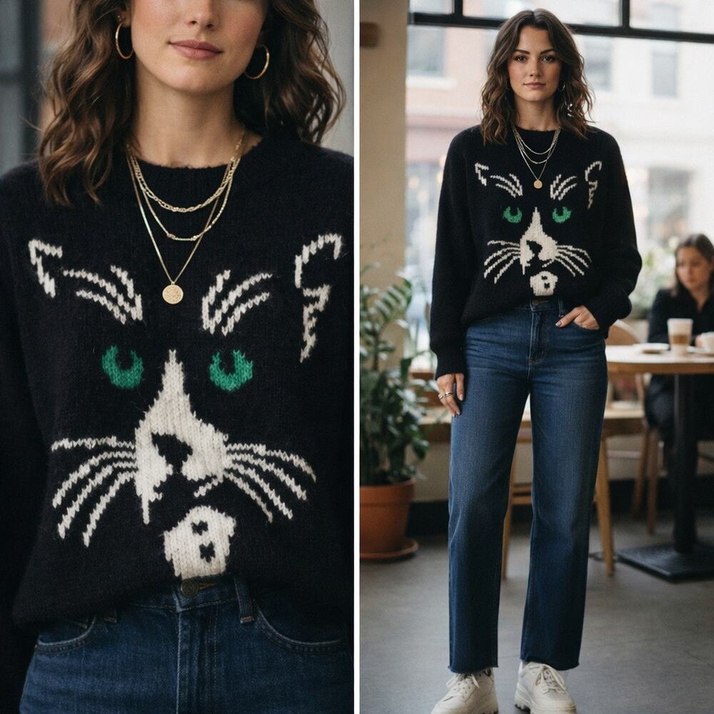 Fuzzy Mohair Blend Tuxedo Cat Sweater Women's Graphic Pullover Black Size S